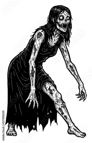 Scary Disfigured Female Zombie Full Body Black and White Outline Line Art Drawing Horror Illustration