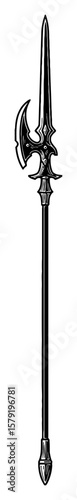 Ornate Fantasy Long Lance Weapon Black and White Outline Line Art Drawing Isolated Object Vintage Style