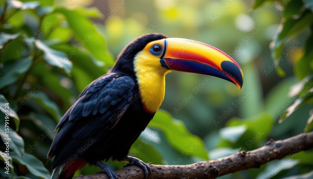 Naklejka premium Vibrant Toucan Displaying Bright Bill Among Lush Tropical Foliage