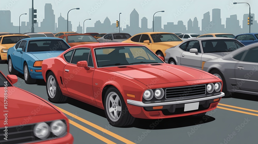 Fototapeta premium A red sports car in a parking lot