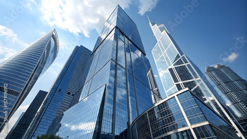 Worm's eye view of modern skyscrapers with glass facades against a bright blue sky in the city center