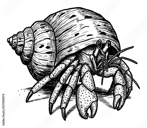 Cute Hermit Crab Single Detailed Sea Creature Black and White Outline Line Art Drawing Isolated Object