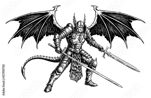 Mighty Fantasy Hero in Full Armor with Dragon Wings and Tail in Battle Pose Black and White Outline Line Art Drawing