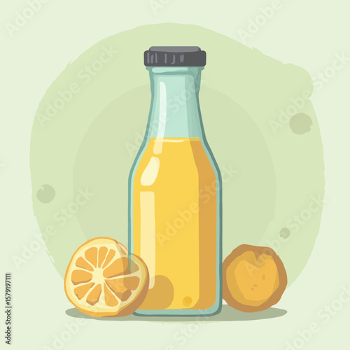 Cartoon illustration of a glass bottle of orange juice with sliced oranges.