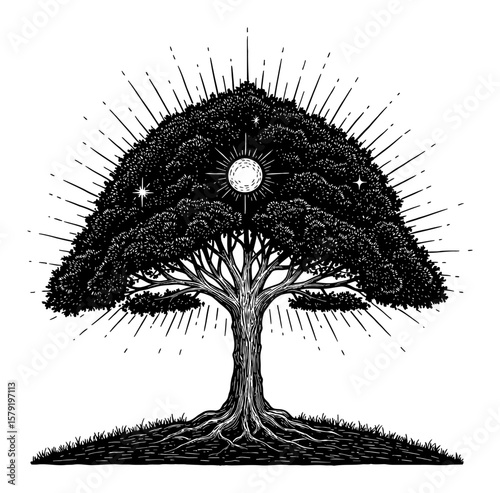Black and White Outline Line Art Drawing of a Mystical Glowing Tree with Radiant Sun in Outer Space