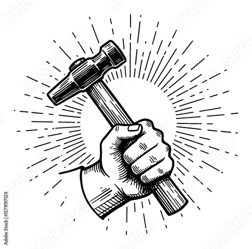 Hand Holding Hammer with Sunburst Shining Effect Black and White Outline Line Art Drawing