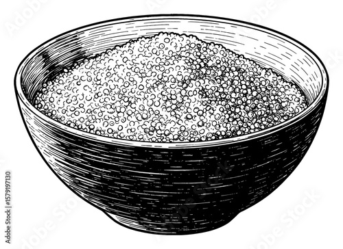 Bowl of Quinoa Black and White Outline Line Art Drawing in Engraved Vintage Style Detailed Food Illustration