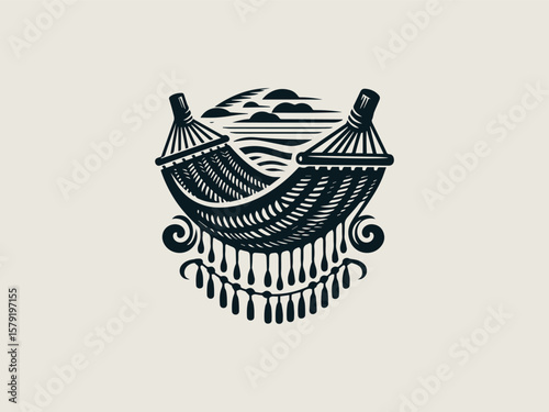 Vintage woven hammock vector logo for outdoor furniture or camping gear brands