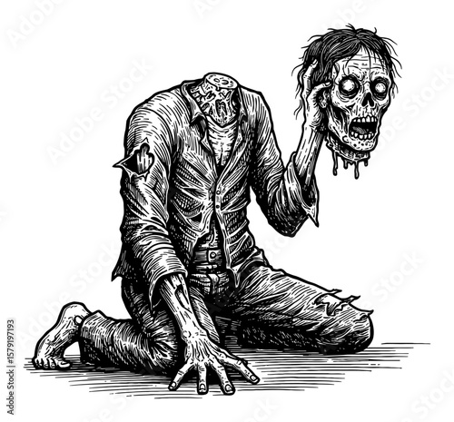 Scary Disfigured Headless Zombie Kneeling Holding His Head Black and White Outline Line Art Drawing