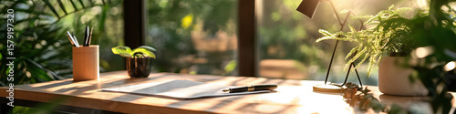 Workspace with Wooden Desk, Plants, and Writing Instruments