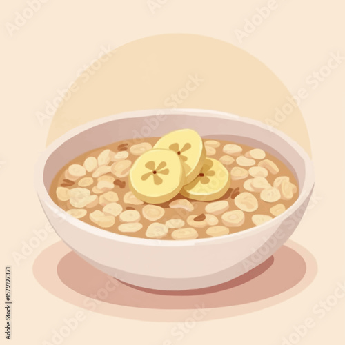 Bowl of oatmeal with banana slices, a healthy breakfast illustration.