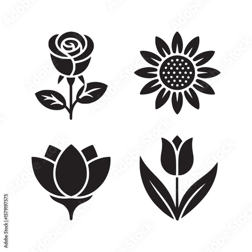 A collection of four floral icons featuring a rose sunflower lotus and tulip in black and white style