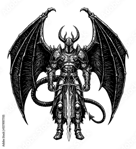 Fantasy Evil Hero with Full Armor and Mighty Dragon Wings Holding Sword Black and White Outline Line Art Drawing