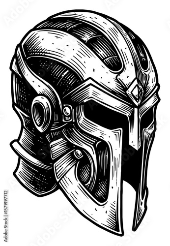 Epic Fantasy Hero Helmet Warrior Headgear Ancient Style Vintage Black and White Outline Line Art Drawing