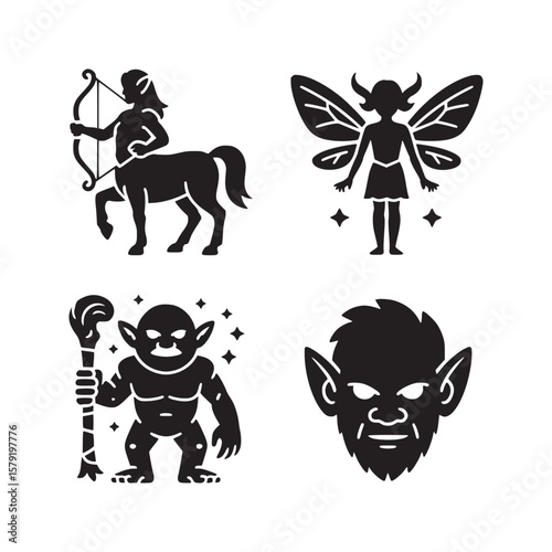 Four fantasy creatures in black silhouette: centaur, fairy, goblin with staff, and goblin face