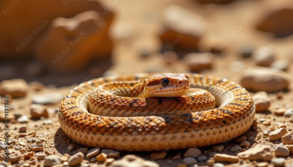 Fototapeta premium Desert Snake Coiled on Sand with Natural Surroundings in Warm Lighting