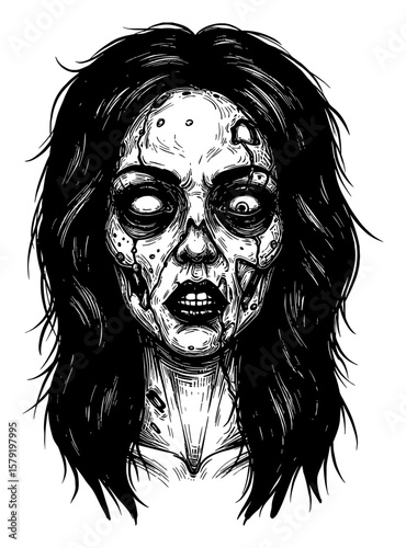 Terrifying Scary Disfigured Female Zombie Portrait Creepy Horror Face Black and White Outline Line Art Drawing Vector