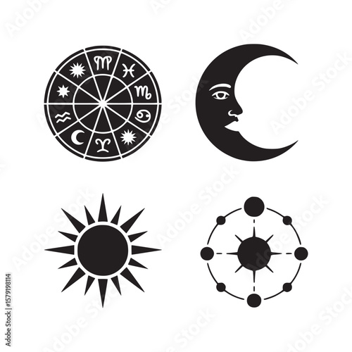 A collection of astrological symbols including zodiac signs moon and sun in black and white style