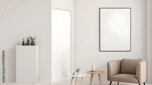 Frame mockup, ISO A paper size. Living room wall poster mockup. Interior mockup with house background. Modern interior design. 3D render  