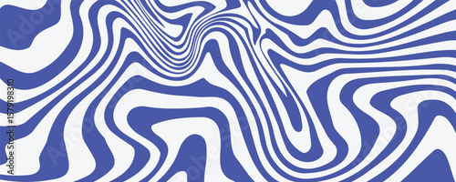 Blue wavy lines abstract background. Trendy psychedelic retro style backdrop. Waves, swirl and twirl pattern. Twisted distorted vector texture.