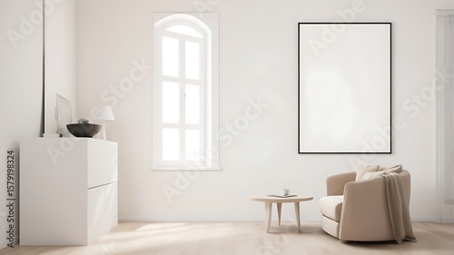 Frame mockup, ISO A paper size. Living room wall poster mockup. Interior mockup with house background. Modern interior design. 3D render  