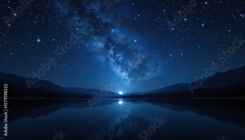 Majestic Night Sky with Stars and Reflection Over Calm Lake at Dusk
