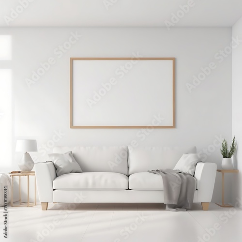 Frame mockup, ISO A paper size. Living room wall poster mockup. Interior mockup with house background. Modern interior design. 3D render  