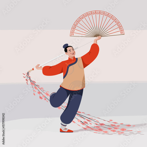Traditional Chinese Dance with Fan Illustration