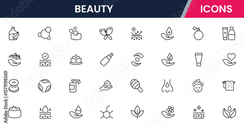 Vector line icons of skincare, makeup, spa, cosmetics, haircare, beauty tools, wellness, and self-care perfect for websites, apps, and branding.