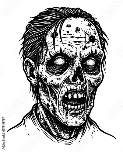 Scary Disfigured Zombie Portrait Head Illustration Horror Art Black and White Outline Line Art Drawing