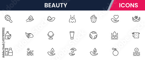 Vector line icons of skincare, makeup, spa, cosmetics, haircare, beauty tools, wellness, and self-care perfect for websites, apps, and branding.