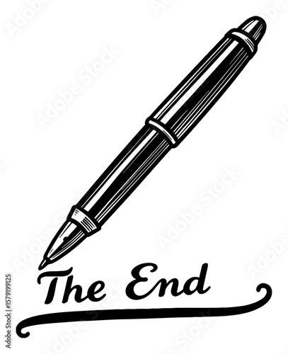 Vintage Pen Writing The End on Paper Black and White Outline Line Art Drawing Illustration