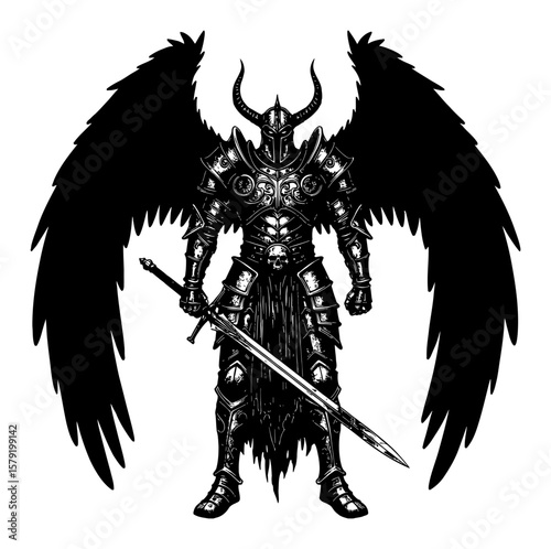 Fantasy Evil Hero with Ornate Armor and Spreading Dark Wings Black and White Outline Line Art Drawing