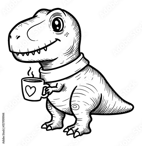 Cute T Rex Dinosaur Wearing a Scarf and Holding a Steaming Mug Black and White Outline Line Art Drawing