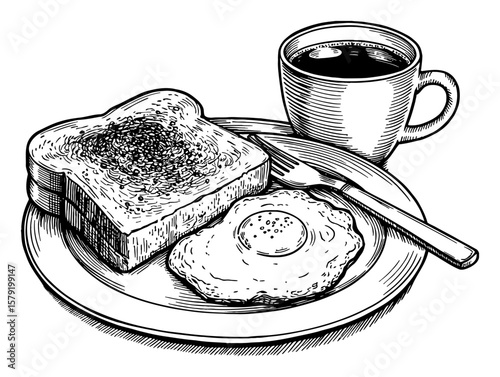Coffee beside Toasted Bread with Egg on a Plate Black and White Outline Line Art Drawing Breakfast Food Meal
