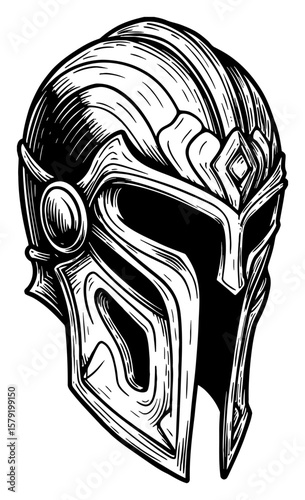Fantasy Hero Helmet Detailed Black and White Outline Line Art Drawing of Sci Fi Knight Warrior Headgear