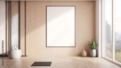 Large framed blank poster mockup in modern gym interior with wooden wall panels and concrete flooring. 3D Rendering
