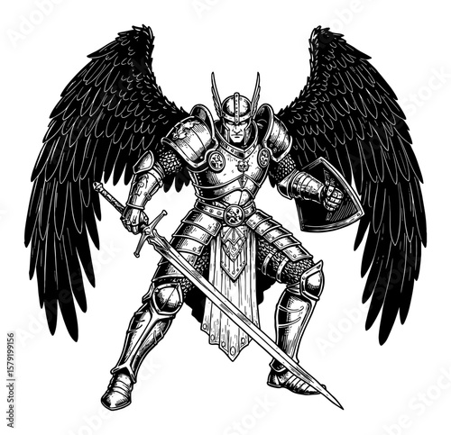 Fantasy Hero Armored Warrior with Wings Dynamic Battle Pose Black and White Outline Line Art Drawing