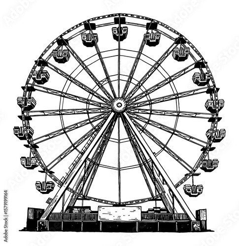 Ferris Wheel Front View Black and White Outline Line Art Drawing Amusement Park Ride Attraction