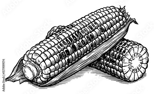 Two Ears of Corn Maize Cob Black and White Outline Line Art Drawing Vintage Engraving Woodcut Style