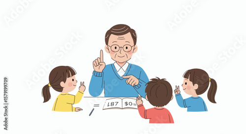 Elderly gentleman patiently tutors three young children in a classroom setting, guiding their learning with a finger pointing upwards.