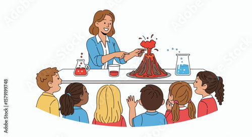 A teacher demonstrates a volcano experiment to a group of attentive students in a classroom.