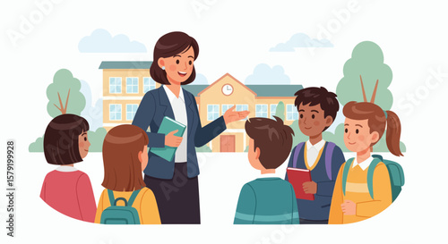 Teacher addressing a group of students outside a school building.