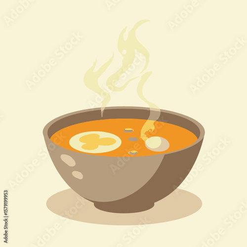 A steaming bowl of hearty soup, featuring egg and spices, rests on a beige surface.