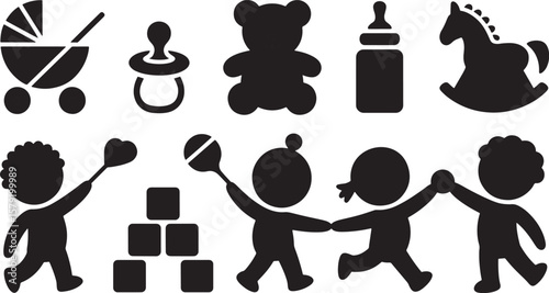 Baby Care & Playtime Icons: Pacifier, Teddy Bear, Bottle, and Toys