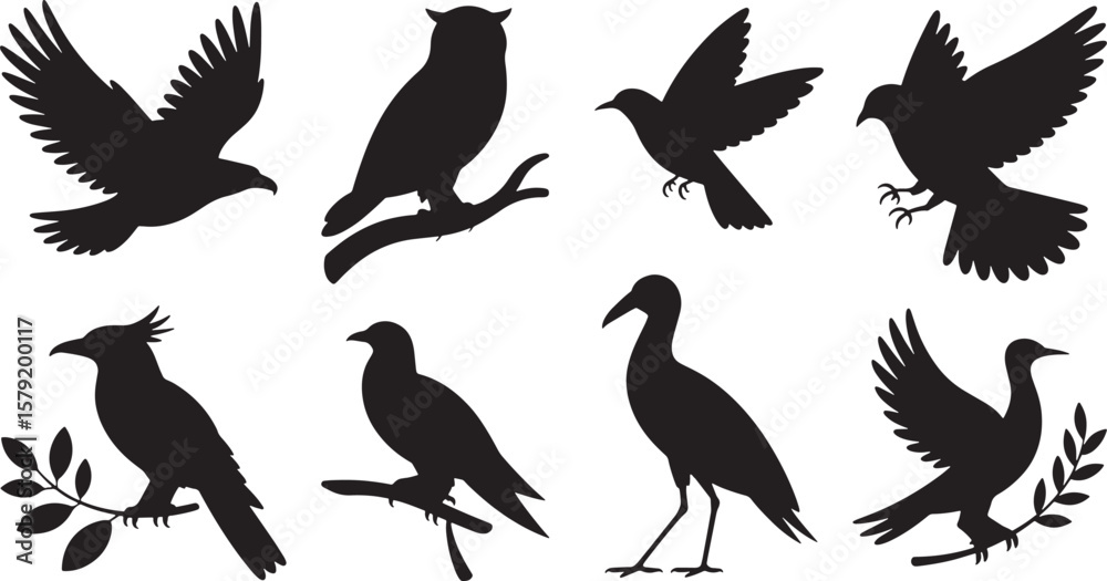 Fototapeta premium Diverse Bird Silhouettes: Perching, Flying, and Standing Avian Icons