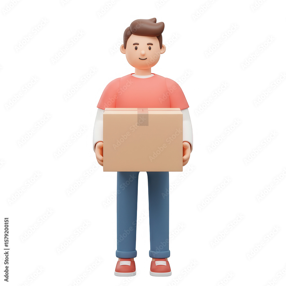 3D Cartoon man holding cardboard box delivery service isolated on transparent background 3D Cartoon man holding cardboard box delivery service isolated on transparent background