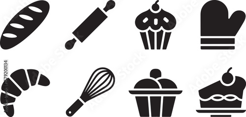 Baking Tools & Dessert Icons: Rolling Pin, Cupcake, and Whisk