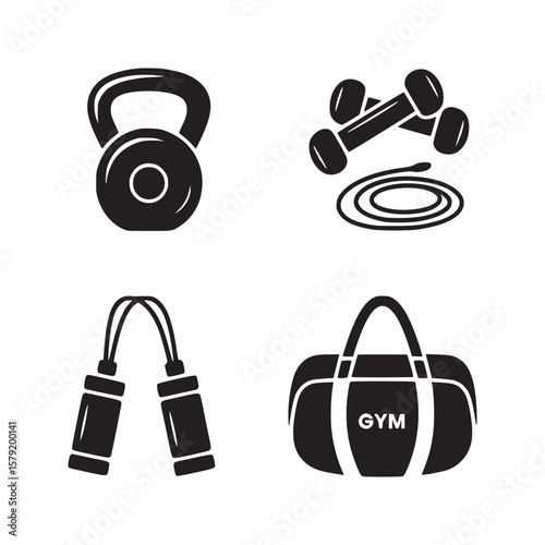 A collection of black and white gym equipment icons including kettlebell dumbbells and gym bag vector