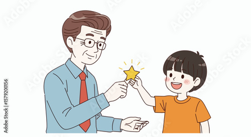 A heartwarming illustration of a grandfather giving a star-shaped reward to his grandson.